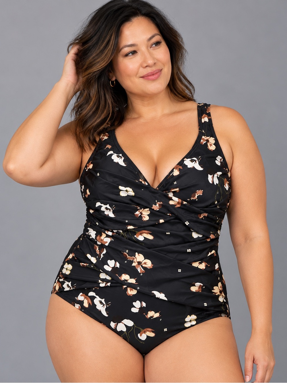 NWT Smismivo Large Black Floral Ruched Tummy Control One Piece Swimsuit